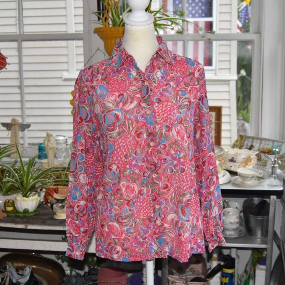 Vintage 1980s Atelier Psychedelic Fruit Floral Button Front Blouse S